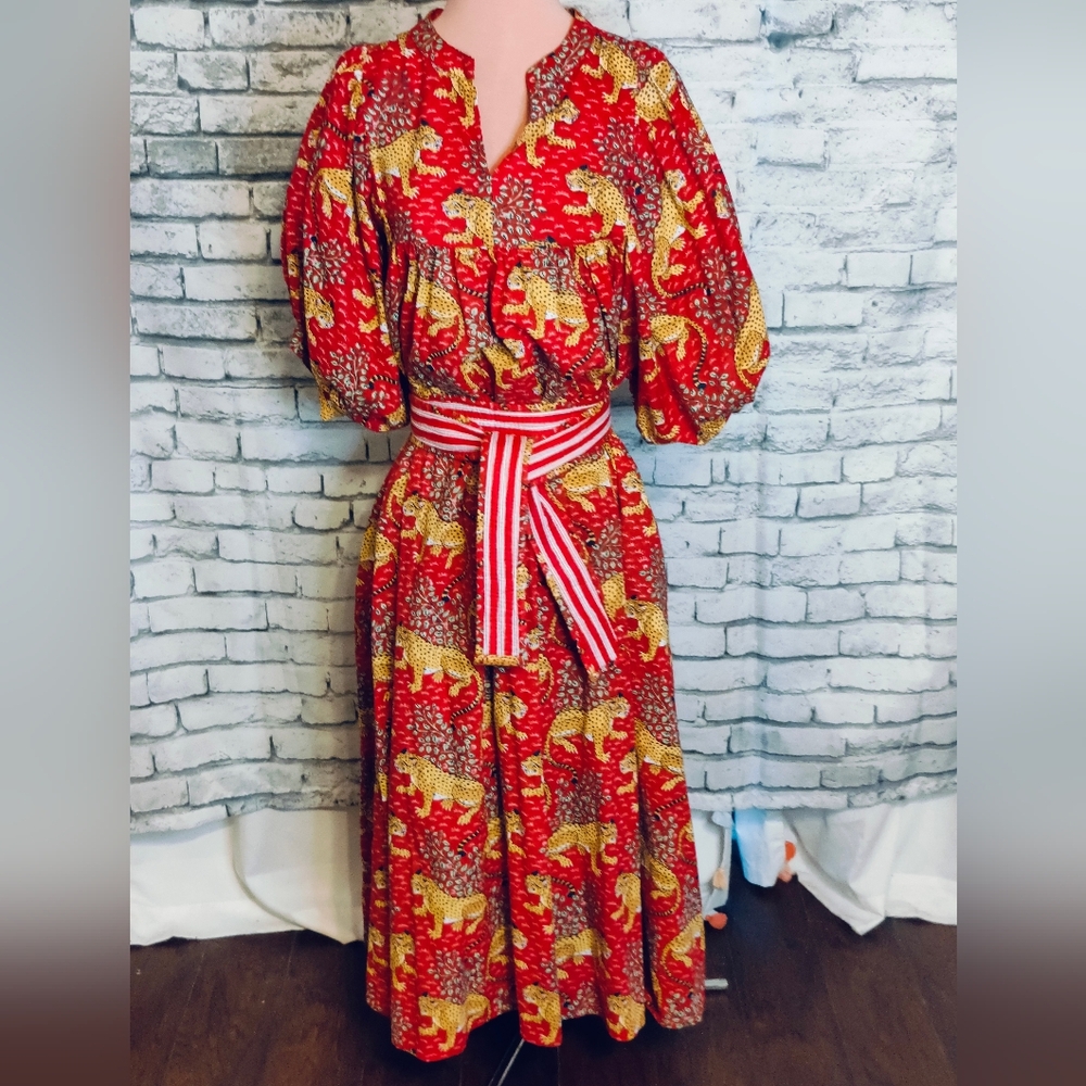 Fox and hen maxi print leopard dress with sash